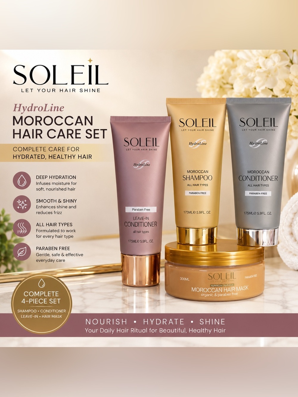 Soleil HydroLine Moroccan Hair Care Set Shampoo Conditioner Mask Leave-In